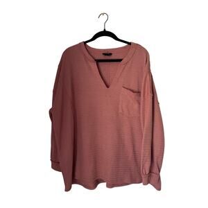 Perch by Blu Pepper Dusty Pink Waffle Knit Top Oversized V-Neck Pullover Size XL